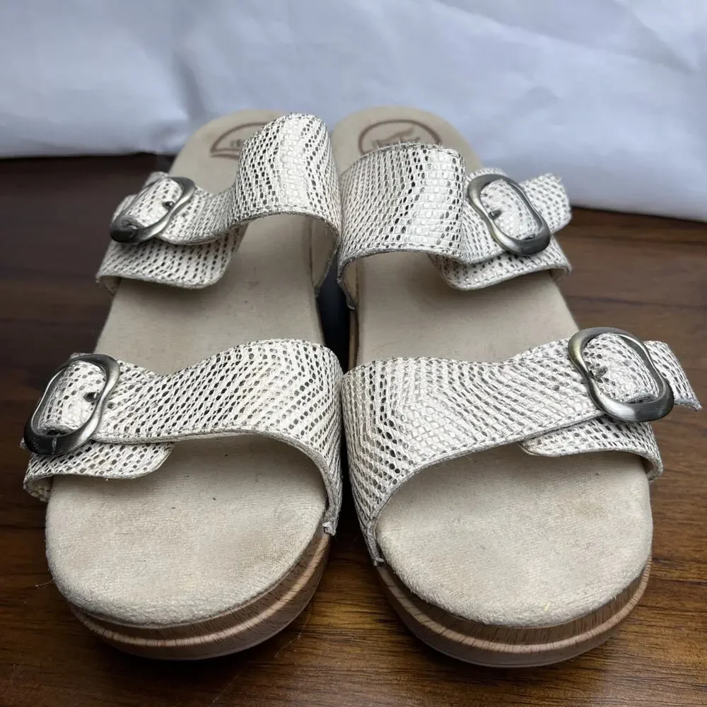 Dansko Shiny Cream Gold Sophie Buckle Two Leather Strap Sandals size 40 9.5 10